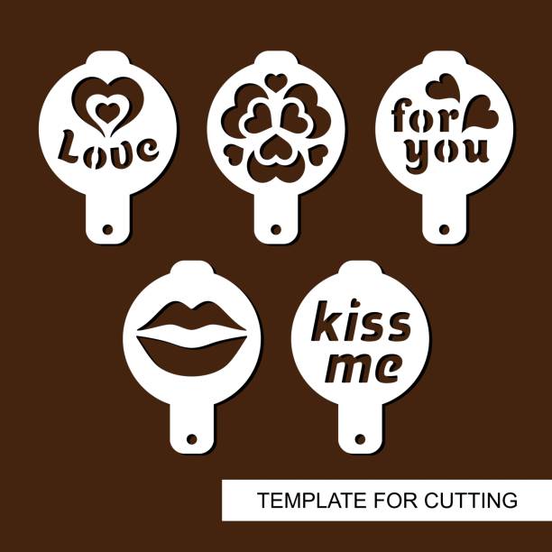 Set of coffee stencils with text: Love, For you, Kiss me. For drawing picture on cappuccino, macchiato and latte. Silhouettes of lips and hearts. Template for laser cutting. Vector illustration. food sample cups stock illustrations