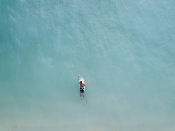 istock Surfer paddling over the ocean from above 968551832