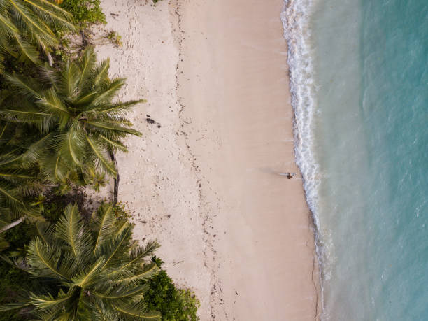 istock Man with a surfboard on tropical island (from above) 968551936