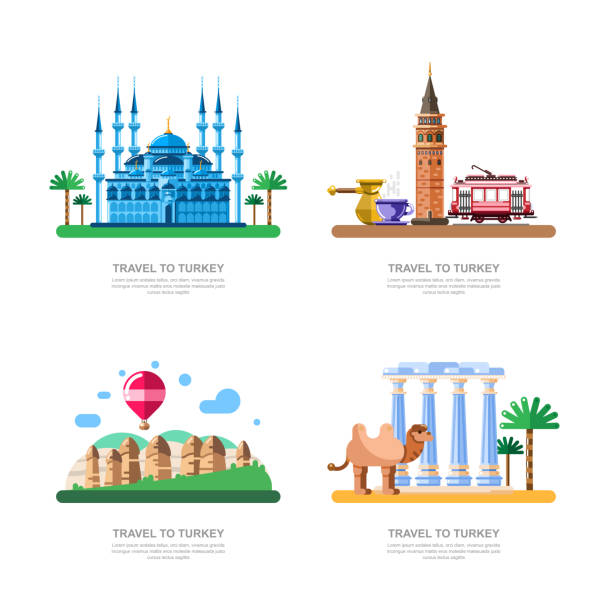 Travel to Turkey design elements. Istanbul blue mosque, Cappadocia, Galata tower vector isolated illustration Travel to Turkey design elements. Istanbul blue mosque, Cappadocia, Galata tower vector isolated illustration. cappadocia balloon stock illustrations