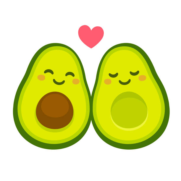 Cute avocado couple in love Cute cartoon avocado couple in love, "avocuddle". Two avocado halves with heart, St. Valentines day greeting card drawing. Isolated vector illustration. avocado stock illustrations