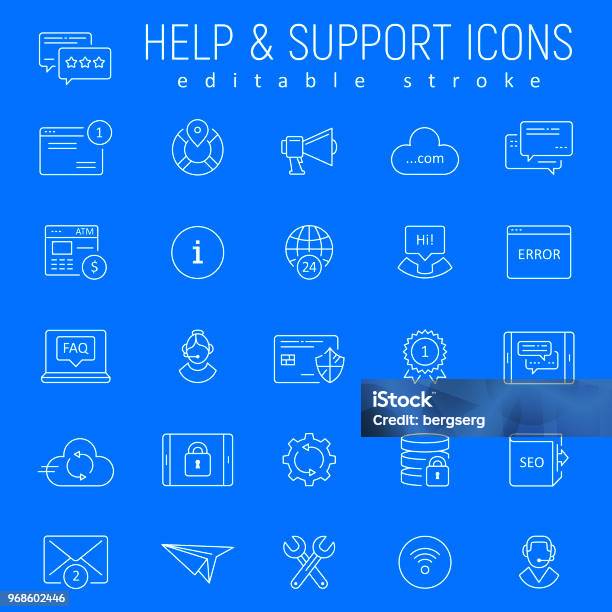 Help And Support Line Icons Editable Stroke Stock Illustration - Download Image Now - Icon Symbol, Outline, Support