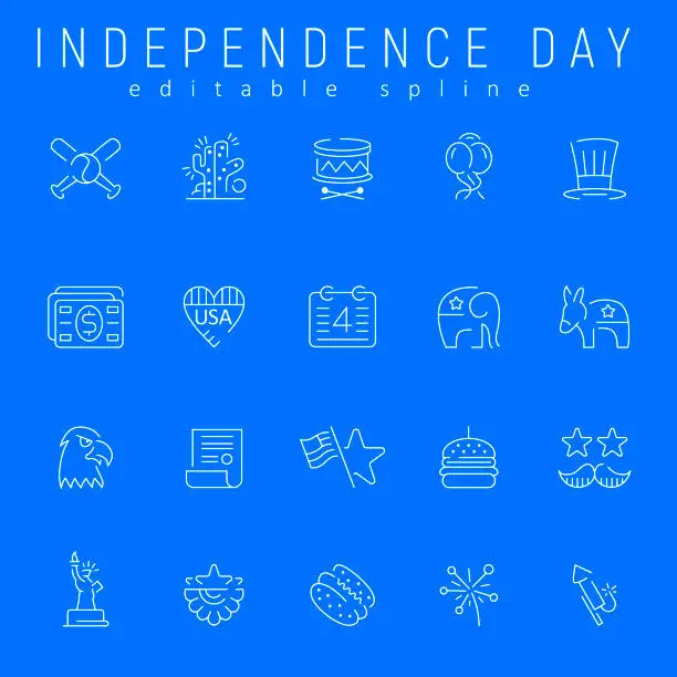 Vector illustration of Independence Day Line icons. 4th of July Symbols with editable stroke