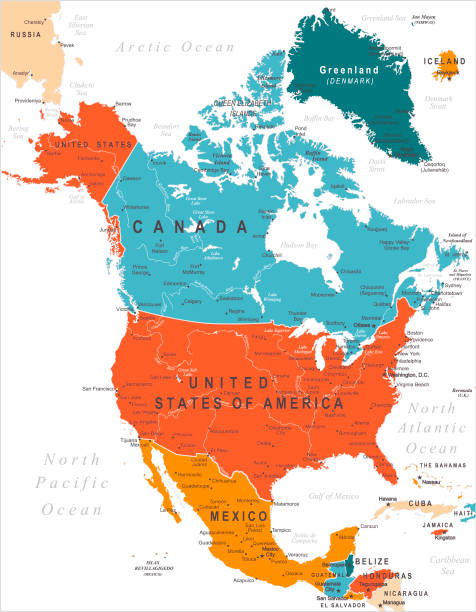North America Colored Map Vector Map of North America with borders and capitals. Canada, USA, Mexico with cities jamaica map island illustration and painting stock illustrations