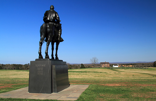 Manassas, Virginia - April 18, 2018: A monument to legendary Confederate general Stonewall Jackson overlooks Henry House Hill, now part of Manassas Battlefield National Park