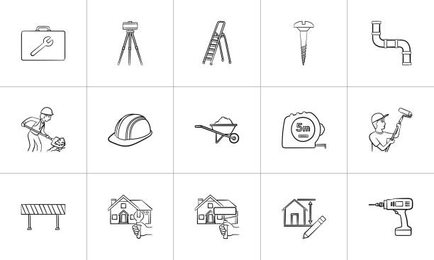 Construction hand drawn sketch icon set Construction sketch icon set for web, mobile and infographics. Hand drawn construction vector icon set isolated on white background. tripod attack stock illustrations