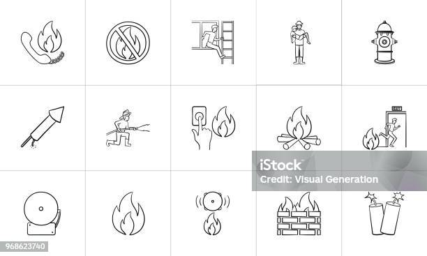 Fire Hand Drawn Sketch Icon Set Stock Illustration - Download Image Now - Doodle, Firefighter, Accidents and Disasters