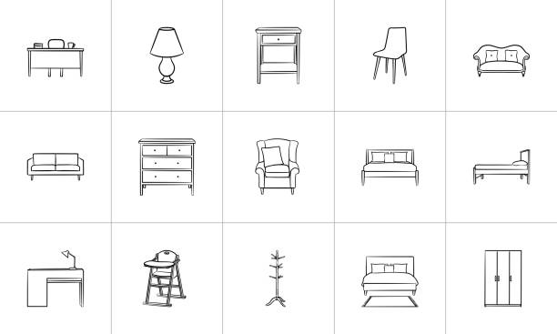 ilustrações de stock, clip art, desenhos animados e ícones de furniture hand drawn sketch icon set - mesa mobília ilustrações