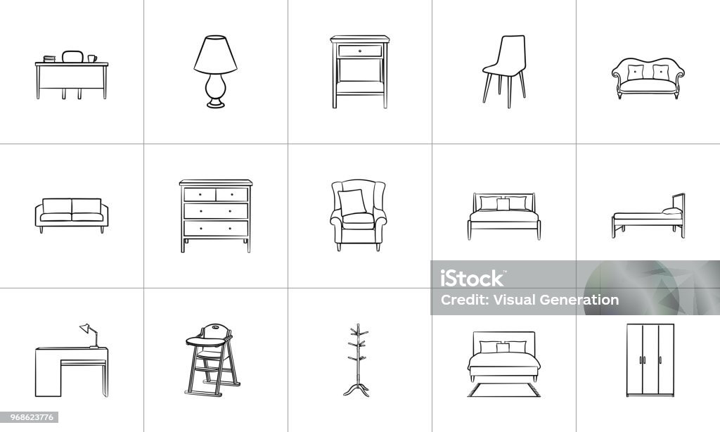 Furniture hand drawn sketch icon set Furniture outline doodle icon set for print, web, mobile and infographics. Hand drawn furniture vector sketch illustration set isolated on white background. Chair stock vector