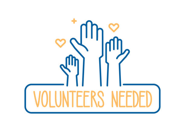 Volunteers needed banner design. Vector illustration for charity, volunteer work, community assistance. Crowd of people ready and available to help and contribute with hands raised. Positive foundation, business, service vector eps10 charity volunteer stock illustrations