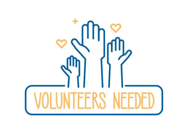 Vector illustration of Volunteers needed banner design. Vector illustration for charity, volunteer work, community assistance. Crowd of people ready and available to help and contribute with hands raised. Positive foundation, business, service