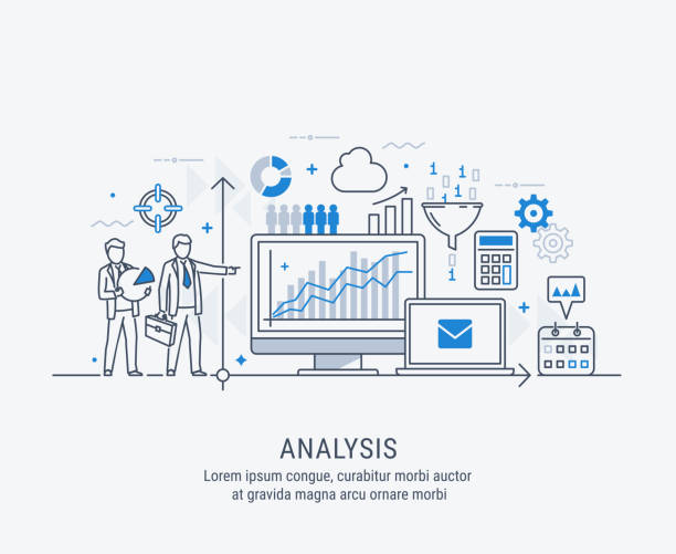 ilustraciones, imágenes clip art, dibujos animados e iconos de stock de ilustración de vector de análisis - scrutiny analyzing finance data