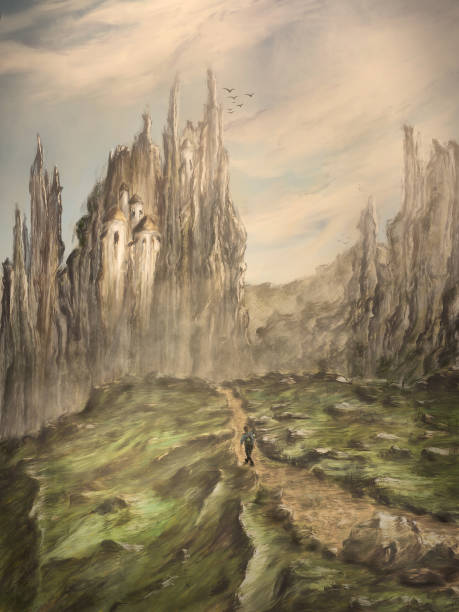 istock In the mountains, magical environment scenery with a person - Digital Painting 968630854