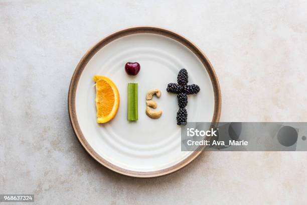 Diet Food Fun On A Plate Stock Photo - Download Image Now - Dieting, Healthy Eating, Single Word