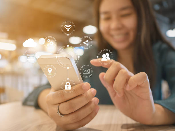istock Woman hand using mobile phone with virtual icon diagram. Application connectivity device smartphone technology for convenience of user 968645128
