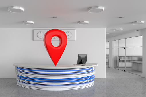 GPS pin location navigation geo tag with office reception desk in modern business interior. 3d illustration