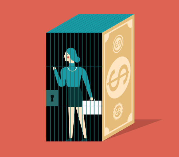 Prison- Businesswoman The businesswoman was trapped in a money jail prison illustrations stock illustrations