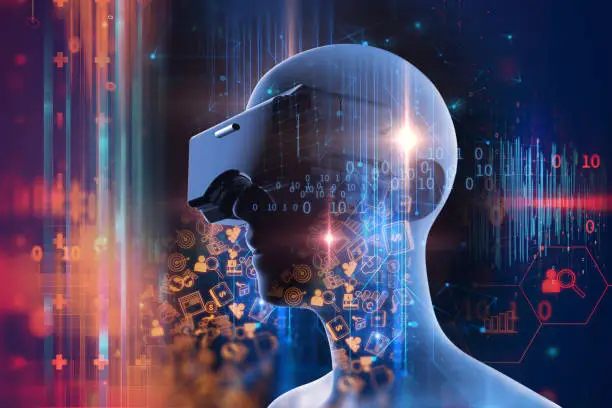 3d rendering of virtual human in VR headset on futuristic technology and programming languages background represent virtual reality technology .