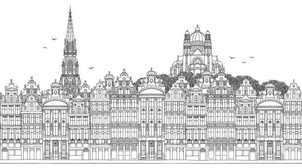 Seamless banner of the Brussel’s skyline Brussels, Belgium - Seamless banner of the city’s skyline, hand drawn black and white illustration houses in brussels stock illustrations
