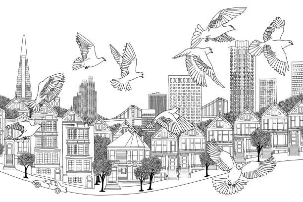 Vector illustration of Birds over San Francisco