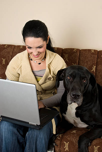 istock Woman with laptop and a big dog 96867558