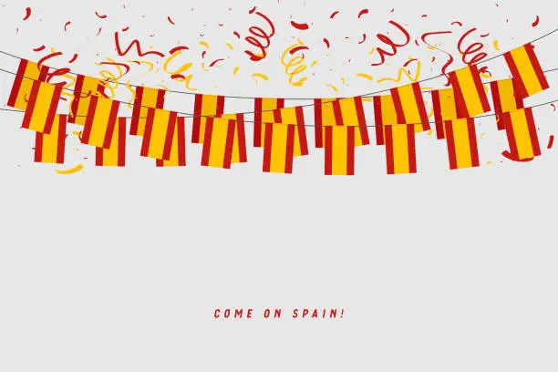 Vector illustration of Spain garland flag with confetti on gray background, Hang bunting for Spanish celebration template banner.