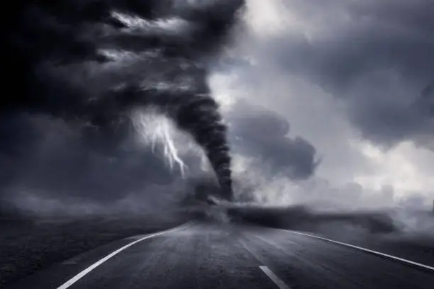A large storm producing a Tornado, causing destruction. 3D Illustration.