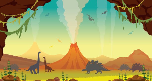 доисторический пейзаж с пещерами, динозаврами и вулканами - dpi stock illustrations