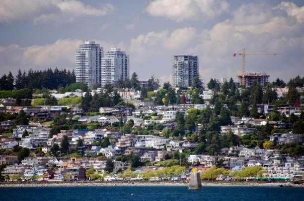 View of White Rock  from across the US border from Semiahmoo stock photo