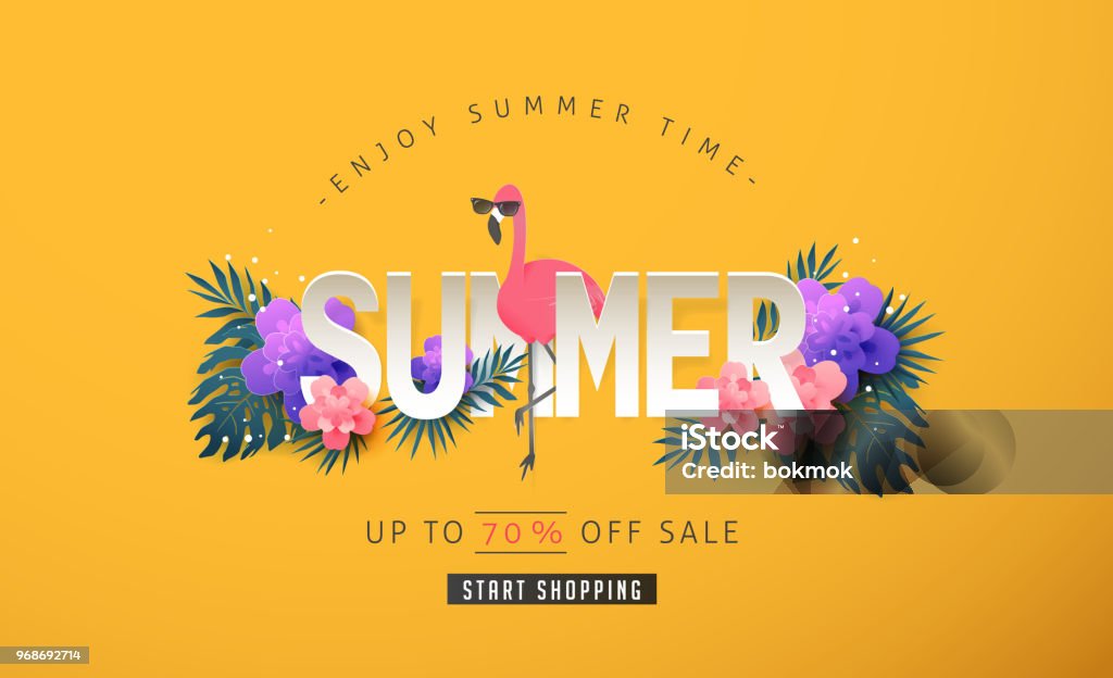 summer 67 Summer sale background layout banners decorate with paper art tropical leaf and flamingo .voucher discount.Vector illustration template. Summer stock vector