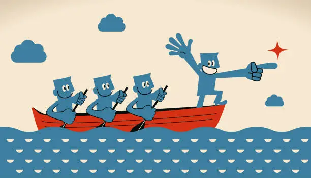 Vector illustration of Leadership and teamwork concept, business leader pointing forward by index finger and group of businessmen rowing with oar on boat