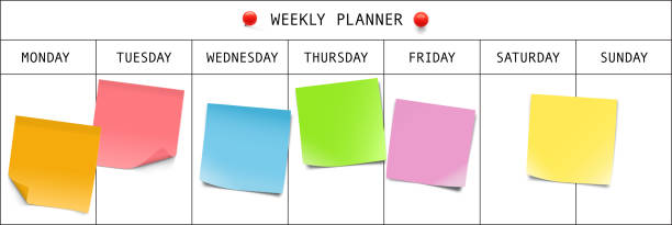 ilustrações de stock, clip art, desenhos animados e ícones de weekly planner with memory notes. vector illustration. - week