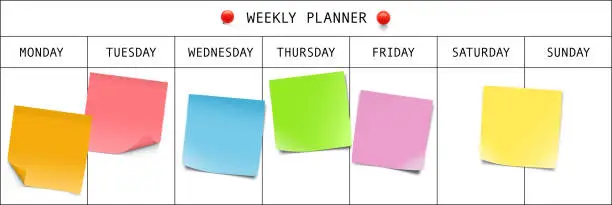 Vector illustration of Weekly planner with memory notes. Vector illustration.