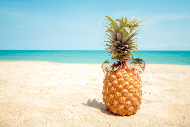 Enjoy a vibrant Pineapple themed Beach Vacation with cheerful Starfish and Message in a Bottle  Isolated on a White Background