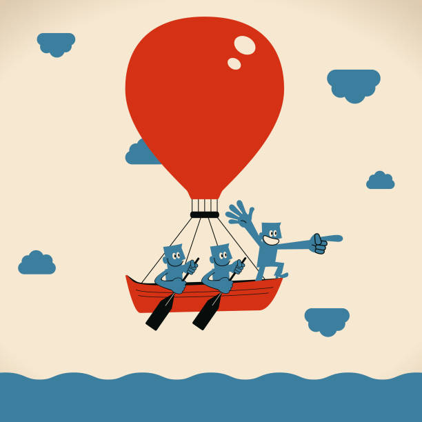 illustrations, cliparts, dessins animés et icônes de concept de leadership et travail d’équipe, chef d’entreprise vers l’avant par l’index et le groupe d’hommes d’affaires détenant rame sur le bateau volant avec ballon à air chaud - capitaine déquipe