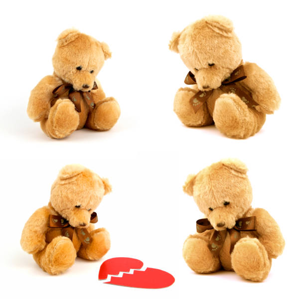 istock Sad lonely teddy bear set isolated on white background. Regret and alone doll. Close up. Front view. 968723580