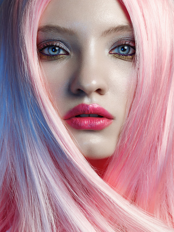 Portrait of beautiful woman with long pink hair