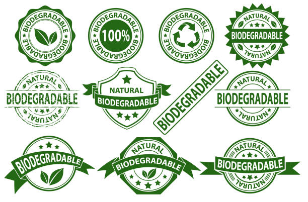 ilustraciones, imágenes clip art, dibujos animados e iconos de stock de símbolo de signo de etiqueta sello biodegradable - rubber