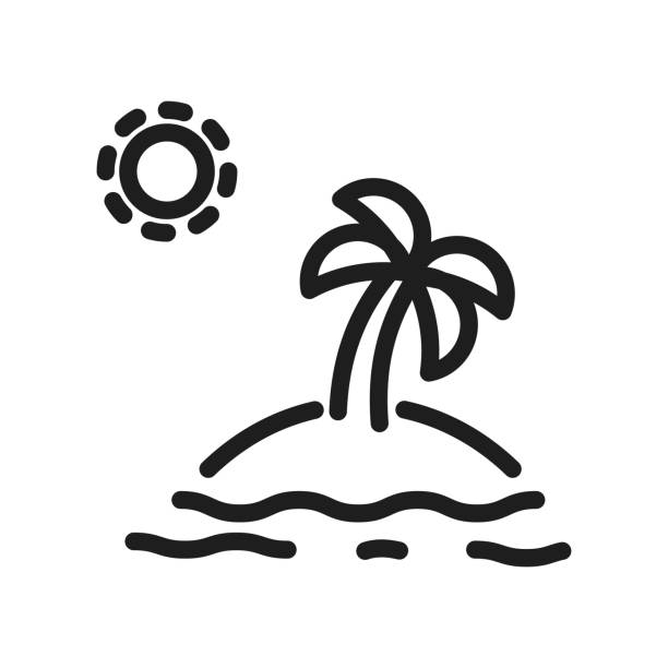 야자수는 중간에 있는 섬 선 아이콘입니다. 섬 개념에 대 한 최소한의 벡터 그림입니다. 여름, 휴일, 휴가, turism 및 여행. - eco turism stock illustrations