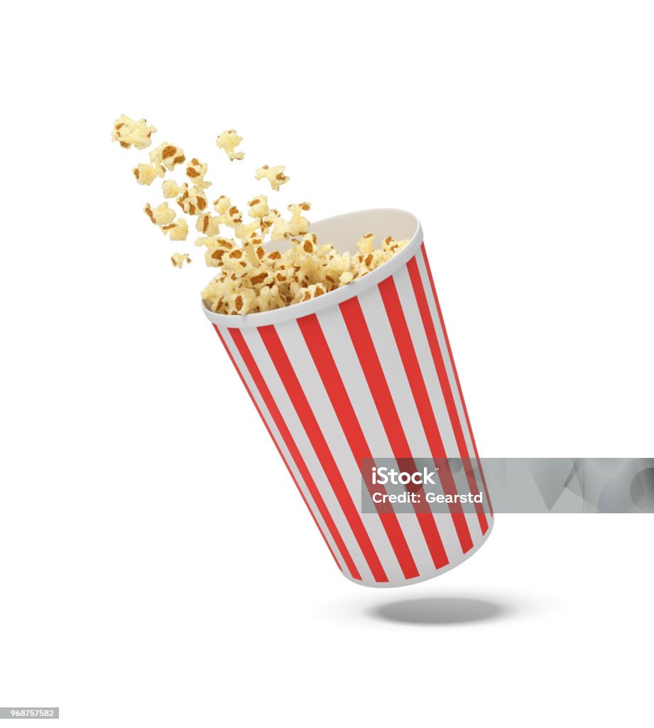 3d rendering of a round striped popcorn bucket hanging in the air with popcorn flying out of it 3d rendering of a round striped popcorn bucket hanging in the air with popcorn flying out of it. Movie snack. Tasty fast food. Greasy and salty corn. Popcorn Stock Photo