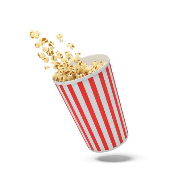 3d rendering of a round striped popcorn bucket hanging in the air with popcorn flying out of it 3d rendering of a round striped popcorn bucket hanging in the air with popcorn flying out of it. Movie snack. Tasty fast food. Greasy and salty corn. man made object stock pictures, royalty-free photos & images