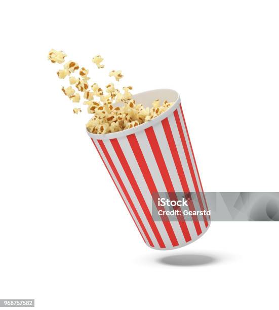 3d Rendering Of A Round Striped Popcorn Bucket Hanging In The Air With Popcorn Flying Out Of It Stock Photo - Download Image Now