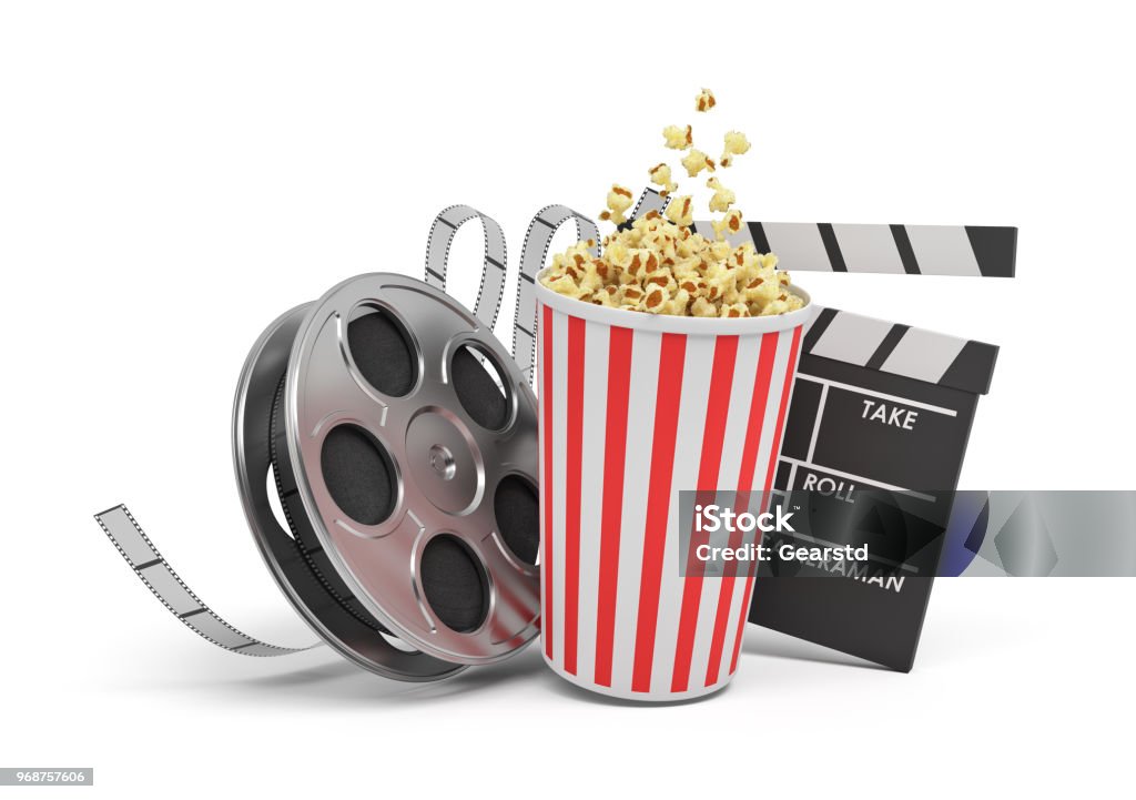 3d rendering of a video reel, popcorn bucket and a clapperboard on a white background 3d rendering of a video reel, popcorn bucket and a clapperboard on a white background. Cinema and movies. Watching films. Entertainment. Movie Theater Stock Photo