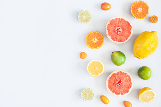 istock Colorful fresh fruits on pastel blue background. Flat lay 968757742