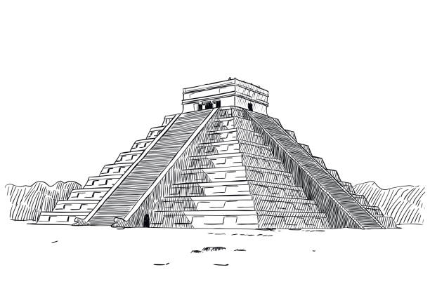 Temple of Kukulcan Vector drawing of Temple of Kukulcan in Chichen Itza, Mexico. Old Maya pyramid chichen itza stock illustrations