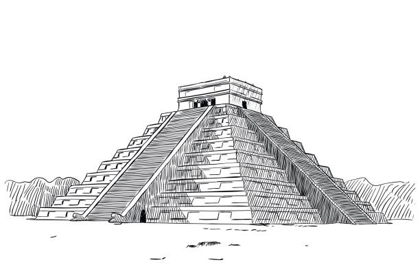 Temple of Kukulcan Vector drawing of Temple of Kukulcan in Chichen Itza, Mexico. Old Maya pyramid maya temple stock illustrations