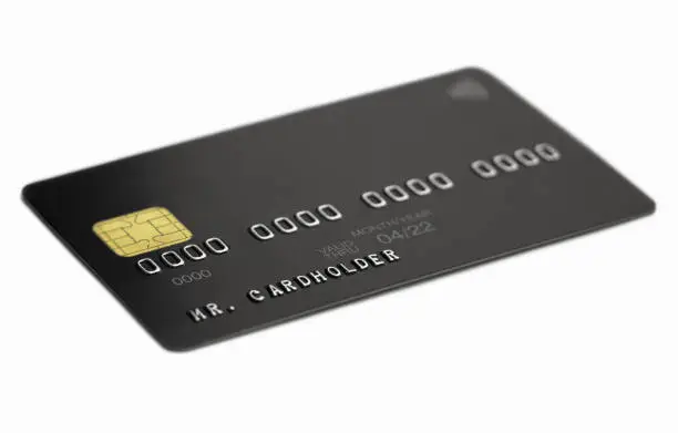 Black universal bank card on white background, cardholder name