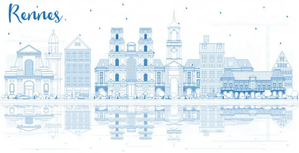 Vector illustration of Outline Rennes France City Skyline with Blue Buildings and Reflections.