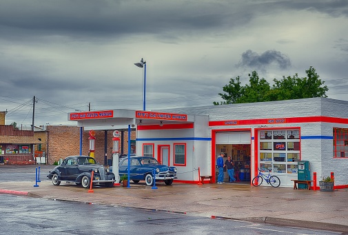 Williams, Arizona - July 24, 2017:  Pete's Gas station museum on July 24, 2017. It's been a station for a very long time but the current building was built in 1949. It operated as a gas station till 1989.