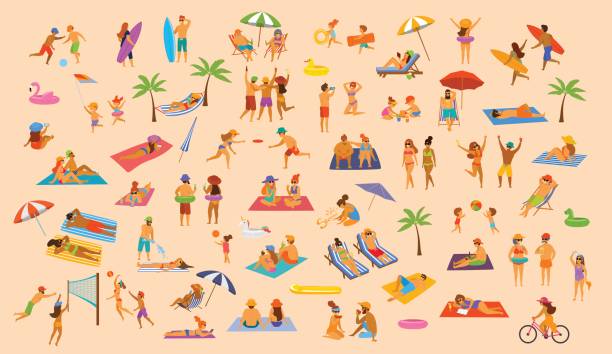 menschen am strand spaß graphische sammlung. mann, frau, paare kinder, jungen und alten sommerurlaub genießen, entspannen, entspannen spaß haben - strand stock-grafiken, -clipart, -cartoons und -symbole
